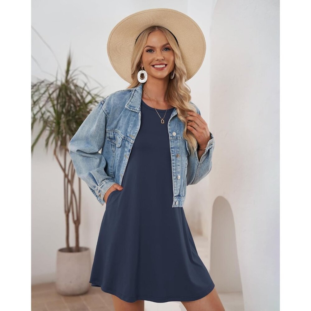 Women's Navy Blue Sleeveless Crew Neck Summer Boho Beach Dress with Pockets - Picture 6 of 6